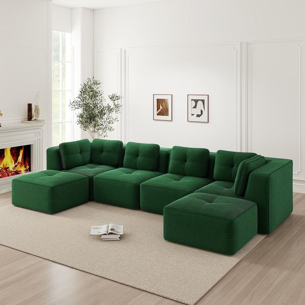 4-Sitzer Sofa 386x177x69 cm aus Cordstoff rahmenlos modular mit 2 Ottomanen, grün