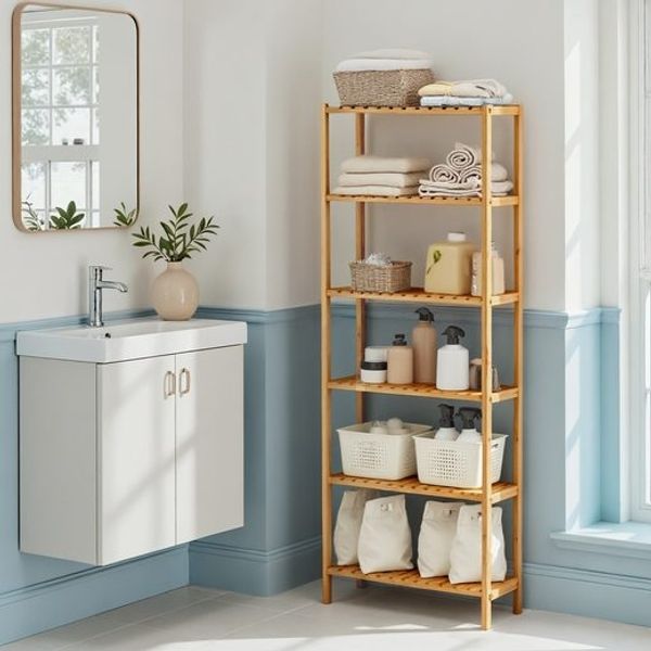 SONGMICS Badezimmerregal, Badregal, Küchenregal, Schuhregal mit 6 Ebenen, Standregal aus Bambus, 26 x 60 x 160,9 cm, für Bad, Wohnzimmer, Flur, Küche