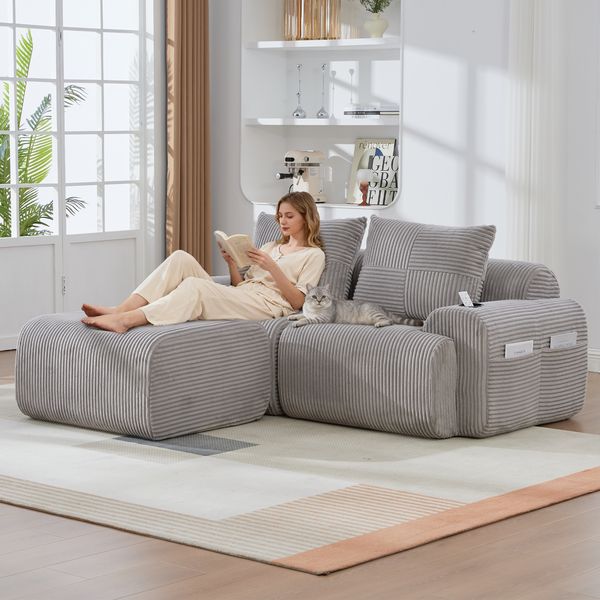Modulares 2-Sitzer Cordsofa m. Hocker, Getränkehalter, Tasche, Hellgrau