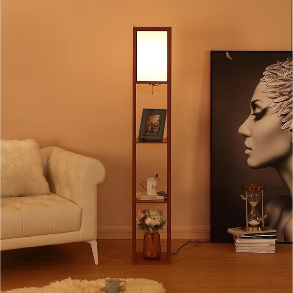 Sunicol LED Stehlampe Stehlampe Regal Lampe, Walnuss Stehleuchte Wohnzimmer, Braun, Stehende Akzentleuchte