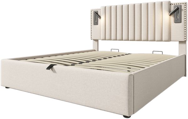 Polsterbett 160×200 cm aus Baumwoll-Stoff mit USB-C-Anschluss und Leselicht inklusive Matratze, beige Bild 4
