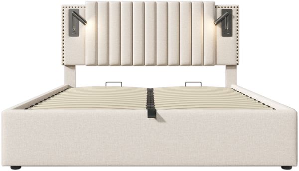 Polsterbett 160×200 cm aus Baumwoll-Stoff mit USB-C-Anschluss und Leselicht inklusive Matratze, beige Bild 8