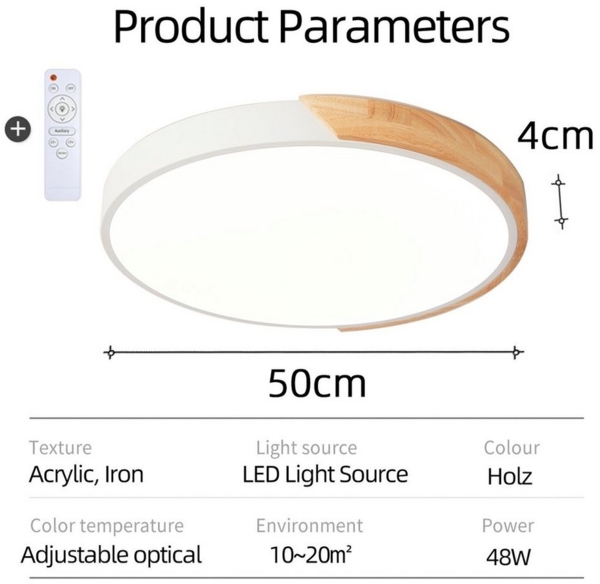 Natsen Deckenleuchte Runde LED Deckenlampe, 48W, dimmbar mit Fernbedienung, 3000K-6000K, für Wohnzimmer Schlafzimmer Kinderzimmer Küche Büro, Holz (50x50x4cm) Bild 3