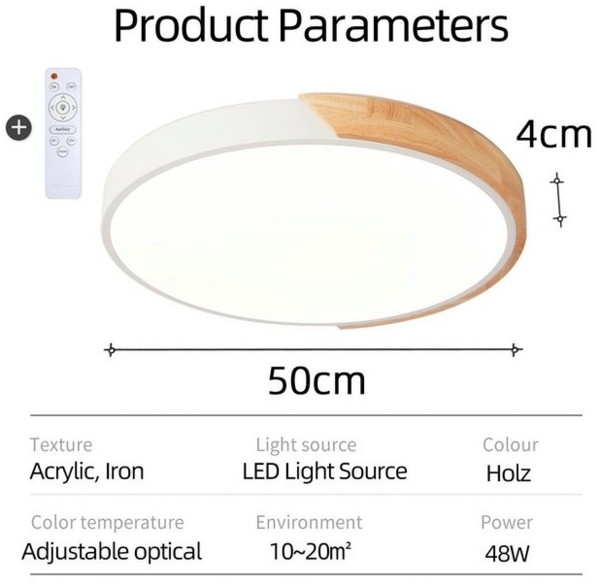 Natsen Deckenleuchte Runde LED Deckenlampe, 48W, dimmbar mit Fernbedienung, 3000K-6000K, für Wohnzimmer Schlafzimmer Kinderzimmer Küche Büro, Holz (50x50x4cm) Bild 4