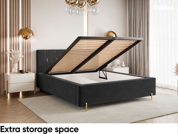 MEBLINI Polsterbett 140x200 mit Lattenrost mit Matratze – FABIO – Schwarz Samt – Doppelbett mit Bettkasten - Stauraumbett - Kopfteil Bett mit Stauraum Bild 6