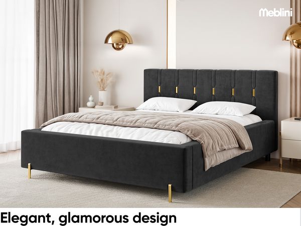 MEBLINI Polsterbett 140x200 mit Lattenrost mit Matratze – FABIO – Schwarz Samt – Doppelbett mit Bettkasten - Stauraumbett - Kopfteil Bett mit Stauraum Bild 3