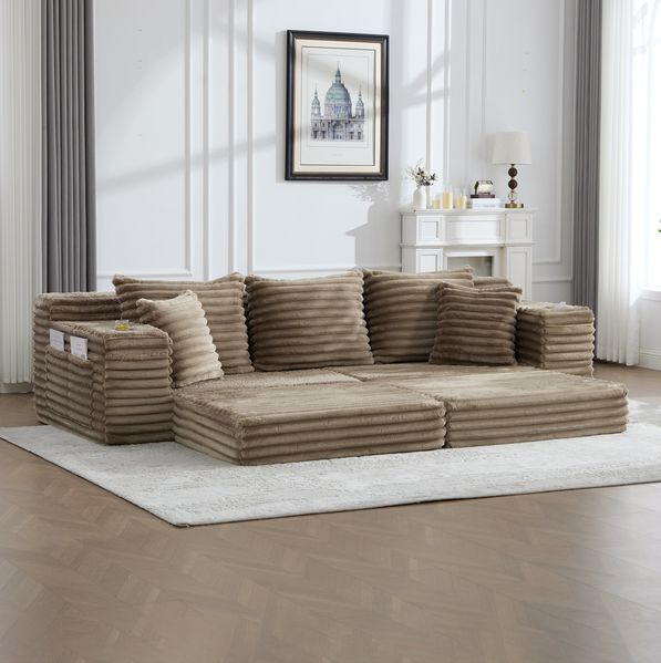 Schlafsofa 273 x 98 x 87 cm aus Cord in Khaki – mit hoher Rückenlehne, Seitentaschen und Getränkehaltern