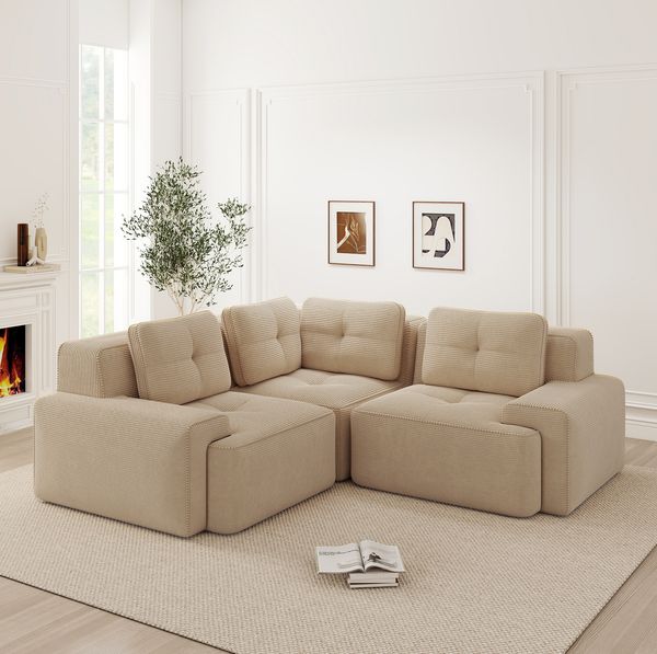Ecksofa modular 69cm×177cm×104cm in Beige – Cordbezug, tiefe Sitzfläche, rutschfester Standfuß