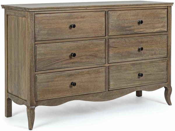 Kommode Tillamo aus Mangoholz, klassisch barockes Design, natur, 125 cm, mit 6 Schubladen