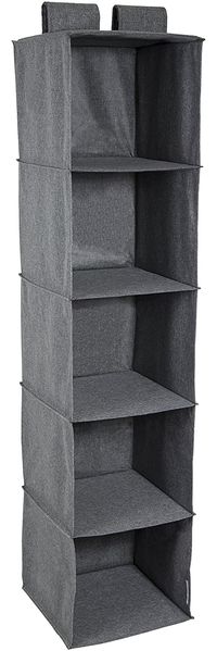 BIGSO Schrankorganizer für die Kleiderstange mit 5 großen Ablagefächern – Hängeorganizer für den Kleiderschrank mit Klettverschluss – Hängeregal aus Polyester und Karton – Grau