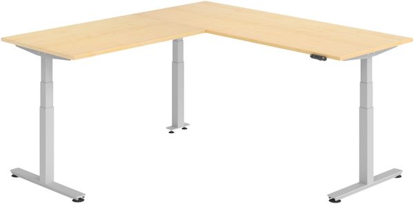 bümö Eckschreibtisch elektrisch höhenverstellbar L-Form: 200 x 220 cm in Ahorn, Gestell silber - Stehschreibtisch mit Memory-Steuerung, elektrischer XXL Schreibtisch für die Ecke, XDSMW-2014-3-S