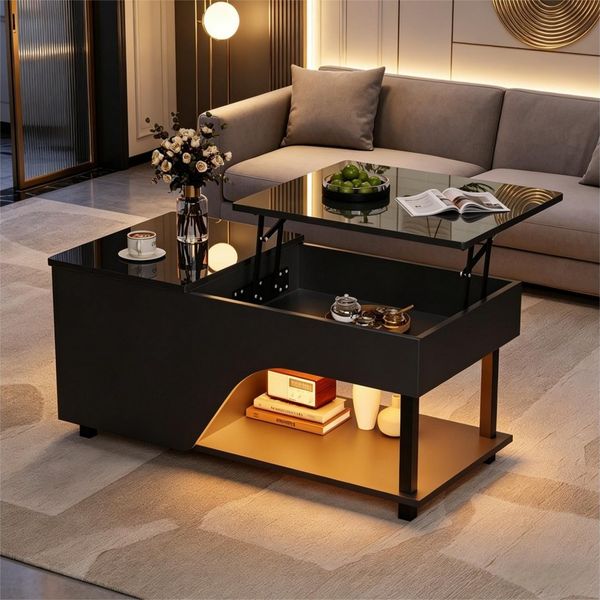 Merax Couchtisch höhenverstellbar Hochglanz Sofatisch mit LED-Beleuchtung (100 × 50 × 46 cm, 1-St), Wohnzimmertisch Lift-Top Beistelltisch mit Seitenablage & Stauraum