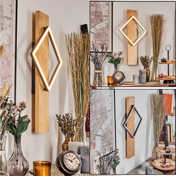 hofstein Wandleuchte Wandlampe aus Holz/Metall/Kunststoff in Naturfarben/Schwarz/Weiß, ohne Leuchtmittel, Leuchte im Retro-Design mit Holzbalken, 13 W, 1750 Lumen, 3000 Kelvin