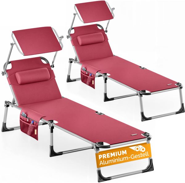 CASARIA® 2er Set Alu Sonnenliege Klappbar Wetterfest Gartenliege Mit Dach Rubin-Rot