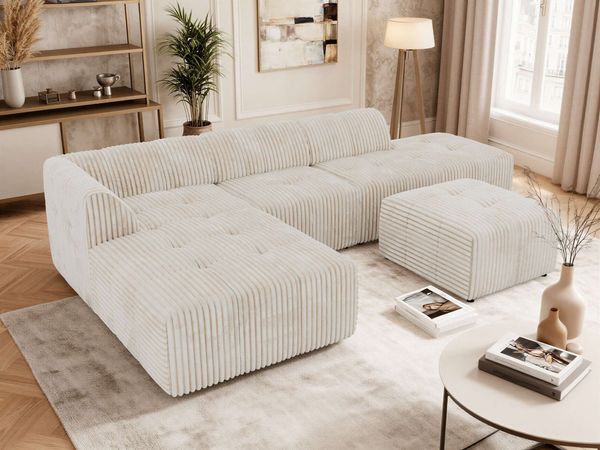 Modulares Ecksofa mit Hocker GRIDA 4M L Wohnlandschaft, Wellenfedern, gesteppte Sitzfläche, Wohnzimmer Sofa L-form - Beige Cord - Links