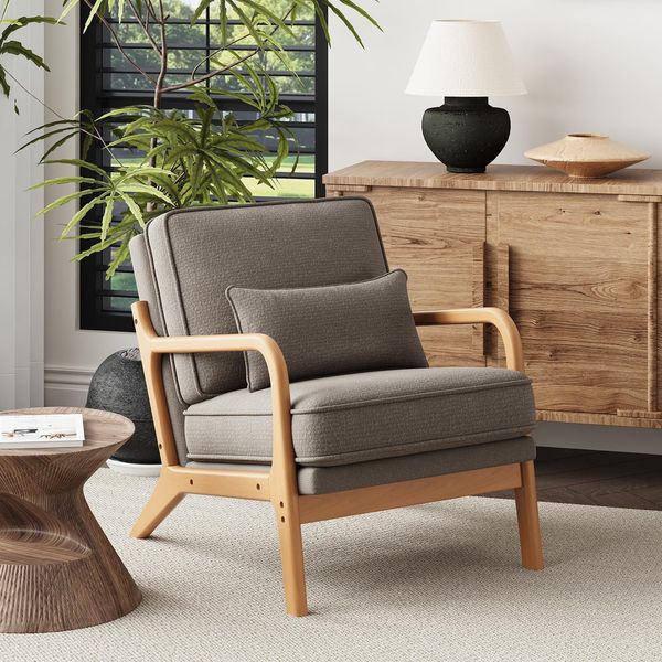 COLAMY Sessel Wohnzimmer Mid-Century Modern, Loungesessel mit Lendenkissen, Massivholzrahmen & weichem Polster, bequemer Lesesessel für Wohnzimmer und Schlafzimmer, grau