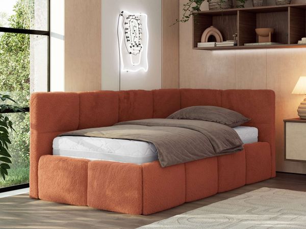 Jugendbett 90x200 ARVO Polsterbett mit Bettkasten, Stauraum & Gasdruckfeder, Modernes Design mit Kopfteil, Foam Matratze - Orange Plüsch - MIRO LUX - Rechts Seite