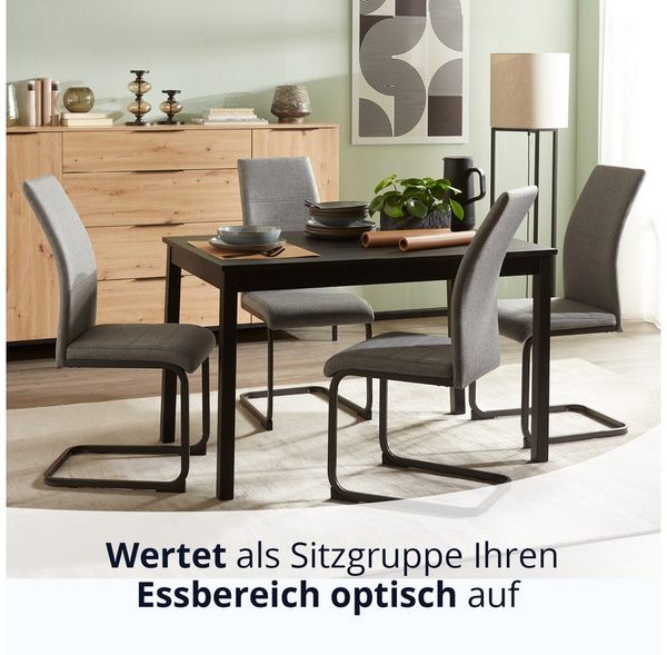 KHG Freischwinger Esszimmerstuhl Grau, bis 110 kg belastbar, Industrial Look, Flachgewebe, Flachrohr-Gestell Metall pulverbeschichtet schwarz