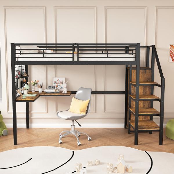 Merax Hochbett Kinderbett Metallbett 90x200cm mit Seitenleiter Tisch Kleiderschrank, schwarz