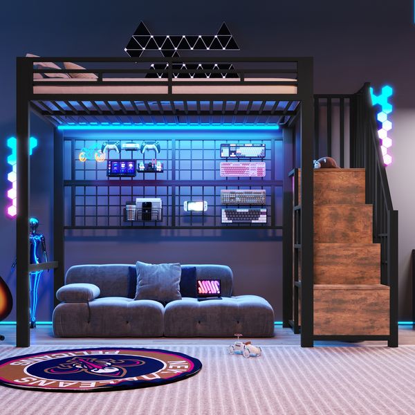 Merax Hochbett, Kinderbett 90 x 200cm, Stauraumleiter, Gitter zum Aufhängen von Gegenständen, Freifläche unter dem Bett, 7-farbige LED-Leuchten, ohne Matratze, Schwarz