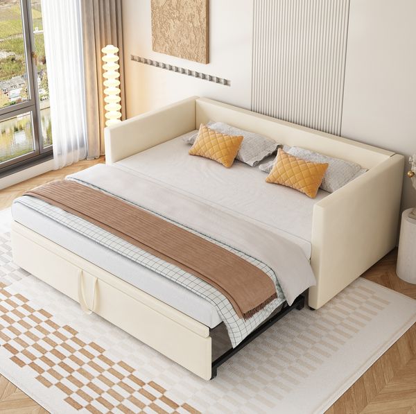Polsterschlafsofa 90x200 cm, ausziehbar auf 180x200 cm, mit Lattenrost, Beige