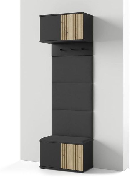 Garderoben-Set Rosario Version 5 mit Lamellen, mit Polsterplatten und Schuhschrank (Schwarz / Eiche Artisan, Trinity 16), 225 x 40 x 70 cm