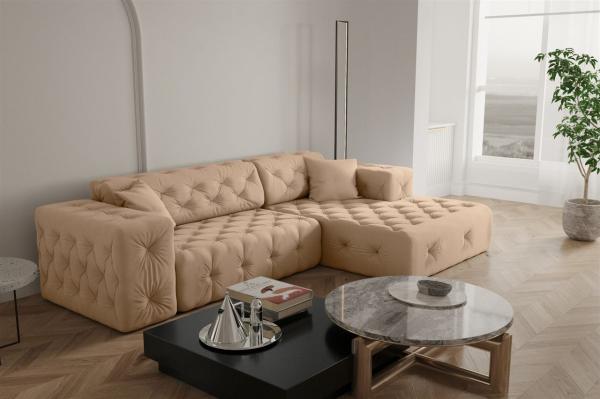 Ecksofa Designersofa CHANTAL in Stoff Opera Velvet Beige Ottomane Rechts