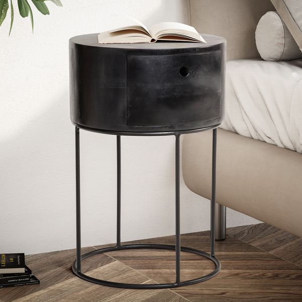 FineBuy Nachtkonsole rund aus Massivholz mit Metallgestell und Schublade – moderner Nachttisch im Industrial Design mit Stauraum, Nachtkästchen ideal für Boxspringbetten – 40x40x60 cm