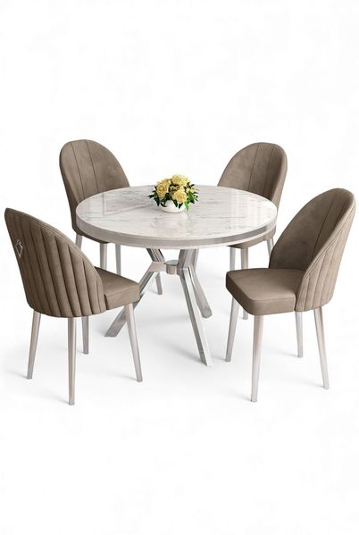 Modernes 5-teiliges Esszimmer-Set mit Tisch und Stühlen, weißer Marmor und Chrom, 90x90 cm | 100% lackierte Platte, Metallbeine, stilvoll und langlebig