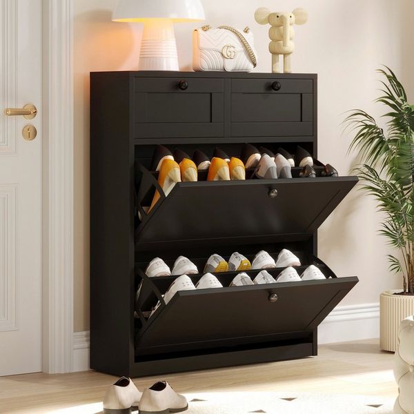 VOWNER Schuhschrank mit 2 Klappen, Schuhregal, 80 x 24 x 100 cm Schwarz