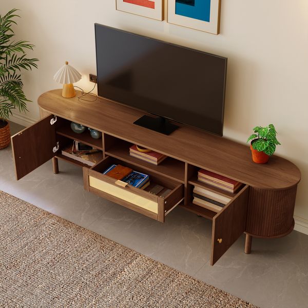 TV-Schrank 175x36x51 cm in Walnuss, geschwungenes Design, Türen, offene Ablage und Schubladen