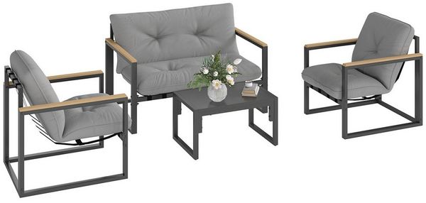 Outsunny Sitzgruppe mit 2er Sofa, Sessel, Sitzkissen, Beistelltisch, (wetterfest Balkonmöbel-Set, 4-tlg, Gartenmöbel Set für 4 Personen), für Garten Balkon Hellgrau