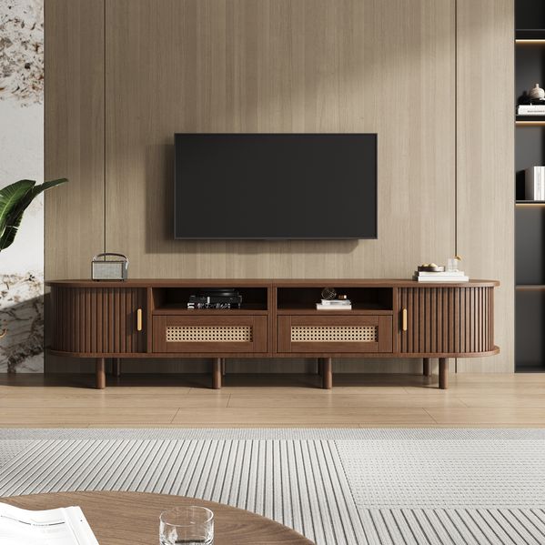 TV-Lowboard mit Rattan-Optik & Schiebetüren, 170 x 40 x 40 cm, Dunkle Eiche