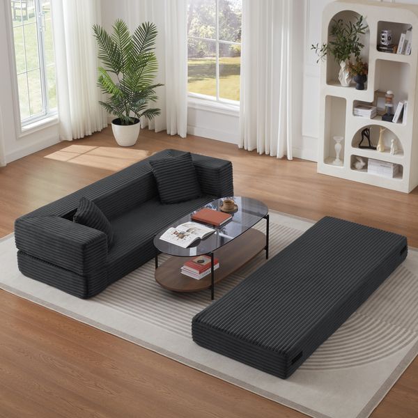 Schlafsofa in Dark Gray aus Foam mit Cordbezug, klassisches Quadrat-Design, wandelbar zum kleinen Doppelbett,60x200x76 cm