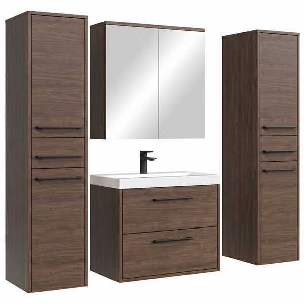 Badplaats Badmöbel Komplettset Florence XL 60 x 35 cm Walnussbraun - Badezimmermöbel mit Waschbecken, Spiegelschrank und 2 Hochschränke