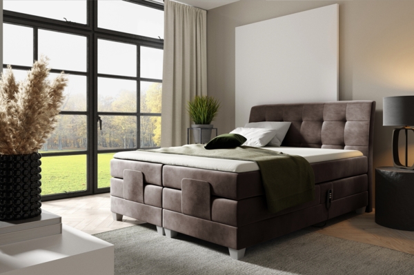 MEBLINI Boxspringbett Elektrisch DANTE 200x200 cm mit Bettkasten – H3/Braun Samt Polsterbett - Doppelbett mit Toppers & Taschenfederkern-Matratzen