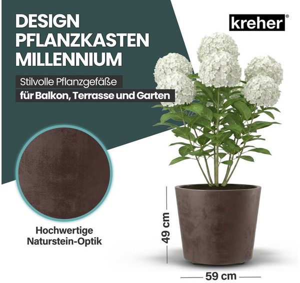 Kreher Pflanzkübel 'Millennium' in Naturstein Optik, 80 Liter, rollbar (Farbe wählbar)
