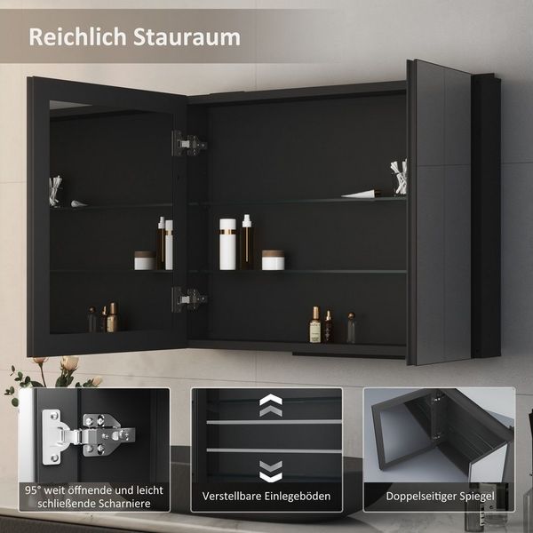 Hopibath Badezimmerspiegelschrank Aluminium Spiegelschrank Schwarz 2türig 80B x 12,5T X 60H cm (Wandschrank Badschrank, mit Doppelseitiger Spiegel, 2Glasböden) vormontiert geliefert