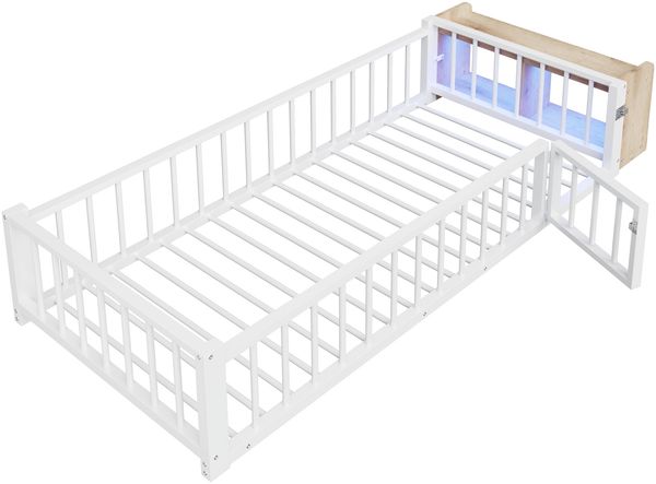 Merax Einzelbett, Kinderbett, Metallbett, 90 x 200 cm, Metallbettgestell, mit Schutzgeländer, ohne Matratze, Schließfächern, LED-Streifenleuchten, Weiß Bild 9