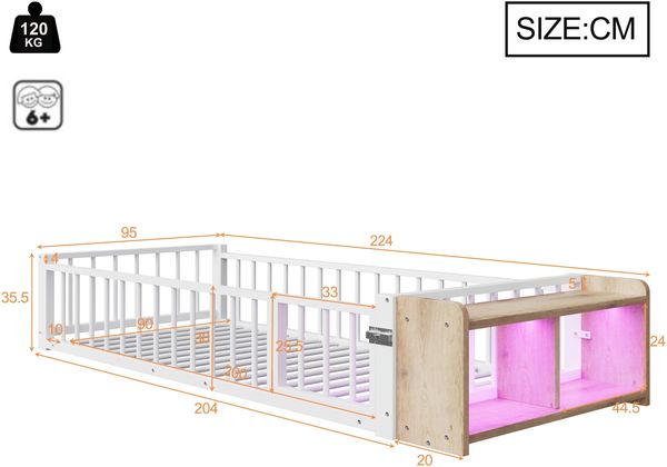 Merax Einzelbett, Kinderbett, Metallbett, 90 x 200 cm, Metallbettgestell, mit Schutzgeländer, ohne Matratze, Schließfächern, LED-Streifenleuchten, Weiß Bild 4