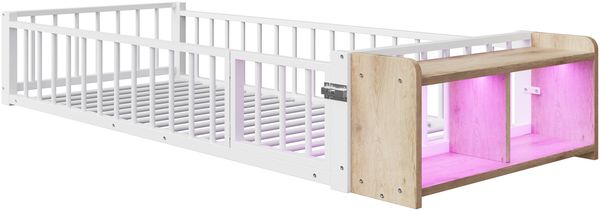 Merax Einzelbett, Kinderbett, Metallbett, 90 x 200 cm, Metallbettgestell, mit Schutzgeländer, ohne Matratze, Schließfächern, LED-Streifenleuchten, Weiß Bild 8