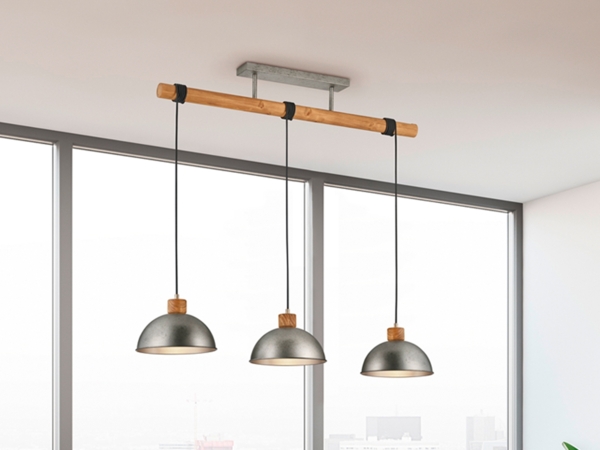 LED Holzbalken Pendelleuchte 3-flammig lang, Höhe 150 - 210cm, Breite: 107,5cm