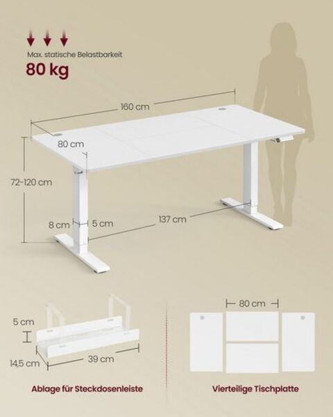 VASAGLE Höhenverstellbarer Schreibtisch, 160 x 80 cm, USB-C-Anschluss, Ablage für Steckdosenleiste, Stehtisch, Erinnerung bei langem Sitzen, 3 Speichertasten, für Büro, mattweiß Bild 5