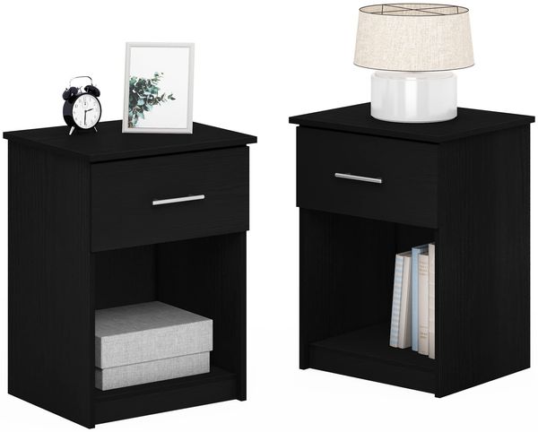 Furinno TIDUR Nachttisch, 2er-Set Nachttische, Beistelltisch, Seitentisch, mit Schublade und offenem Fach, für Schlafzimmer, Wohnzimmer, Dunkles Americano