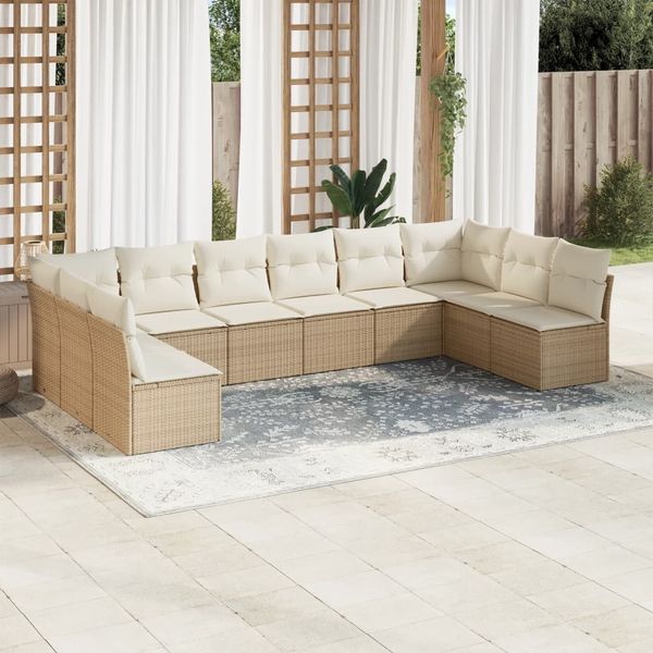 vidaXL 10-tlg. Garten-Sofagarnitur mit Kissen Beige Poly Rattan 3249927