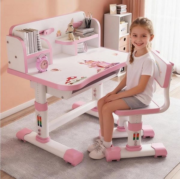 TUWENA Kinderschreibtisch Kinderschreibtisch Stuhl Set, Schreibtisch Höhenverstellbar Schubladen, Ergonomisch Schreibtischstuhl mit Buchständer, Fußpedal Cartoon-Muster