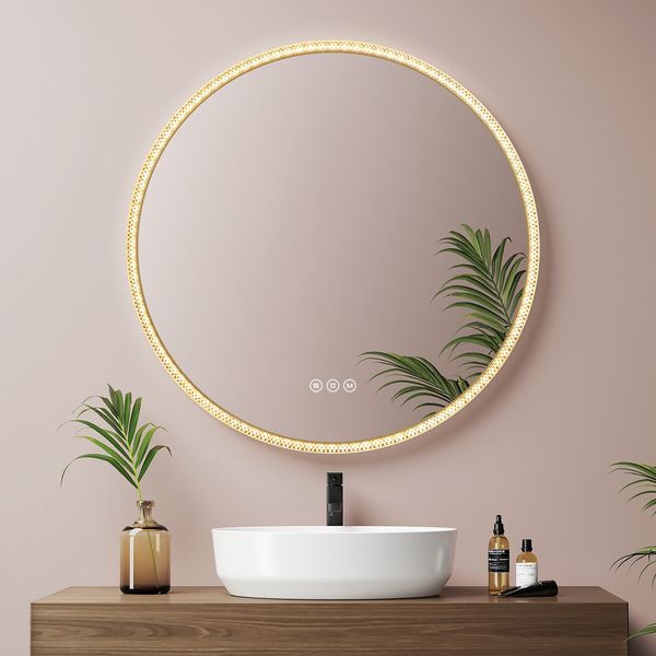 EMKE LED Badspiegel mit Beleuchtung Touch 3 Lichtfarben Beschlagfrei Acryl Gold Rand ф60 cm Badezimmerspiegel