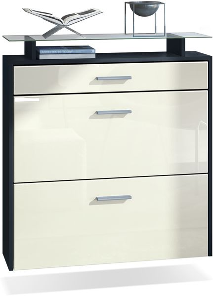 Vladon Schuhschrank Malea, hängender Schuhkipper für 16 Paar Schuhe mit 2 Klappen und 1 Schublade und Glasablage, Schwarz matt/Creme Hochglanz (89 x 96 x 23 cm)