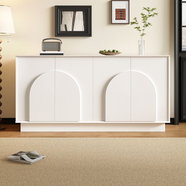 Moderner weißer Sideboard mit gewölbten Türen – 4-Türiger Aufbewahrungsschrank für Wohnzimmer & Esszimmer, MDF-Konstruktion mit matter Oberfläche, elegante und funktionale Aufbewahrungslösung, 160 cm