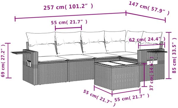 vidaXL 6-tlg. Garten-Sofagarnitur mit Kissen Braun Poly Rattan 3252480 Bild 3